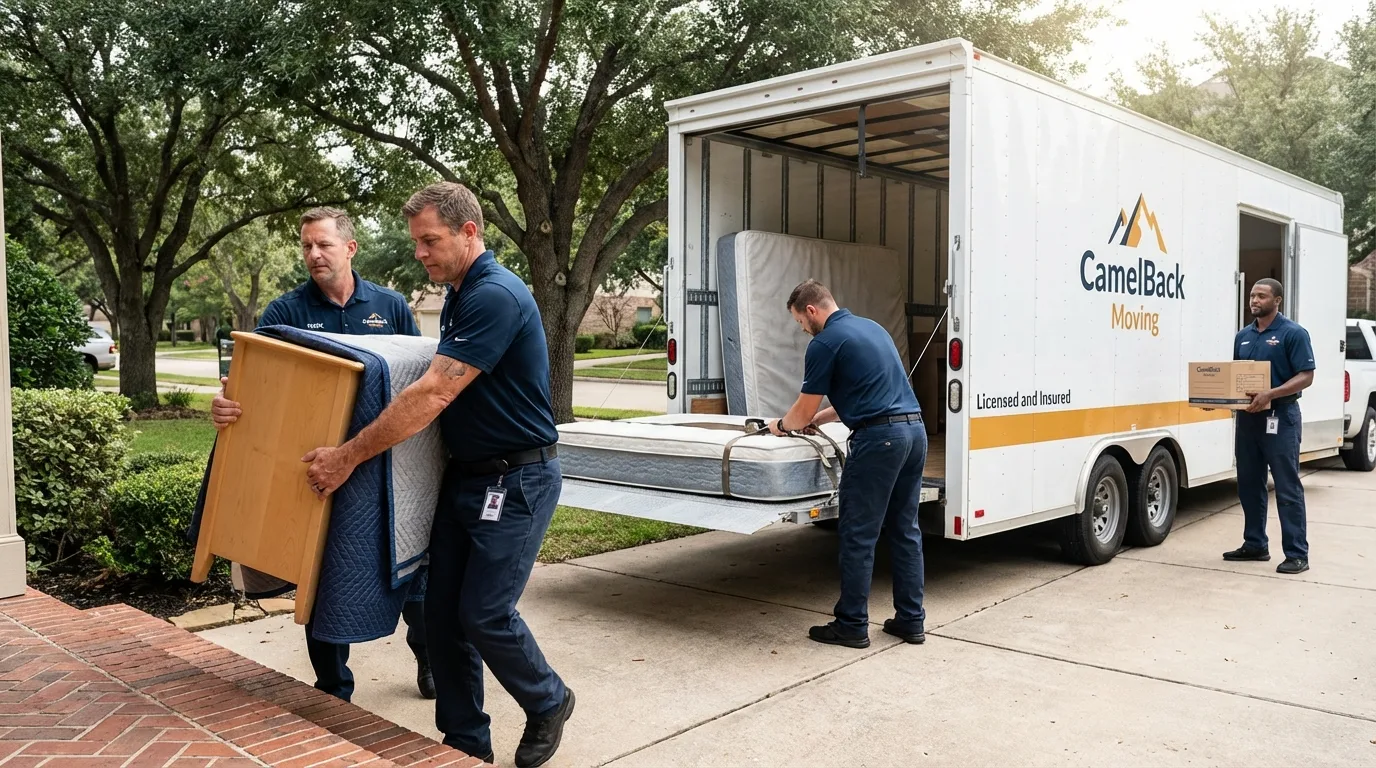 Crew loading residential truck for cross-state move from Mineola, TX