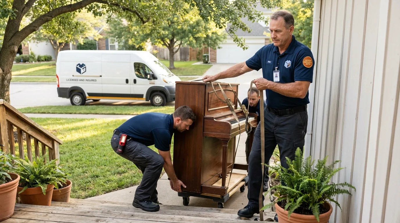 Licensed piano movers securing grand piano in Mineola, TX