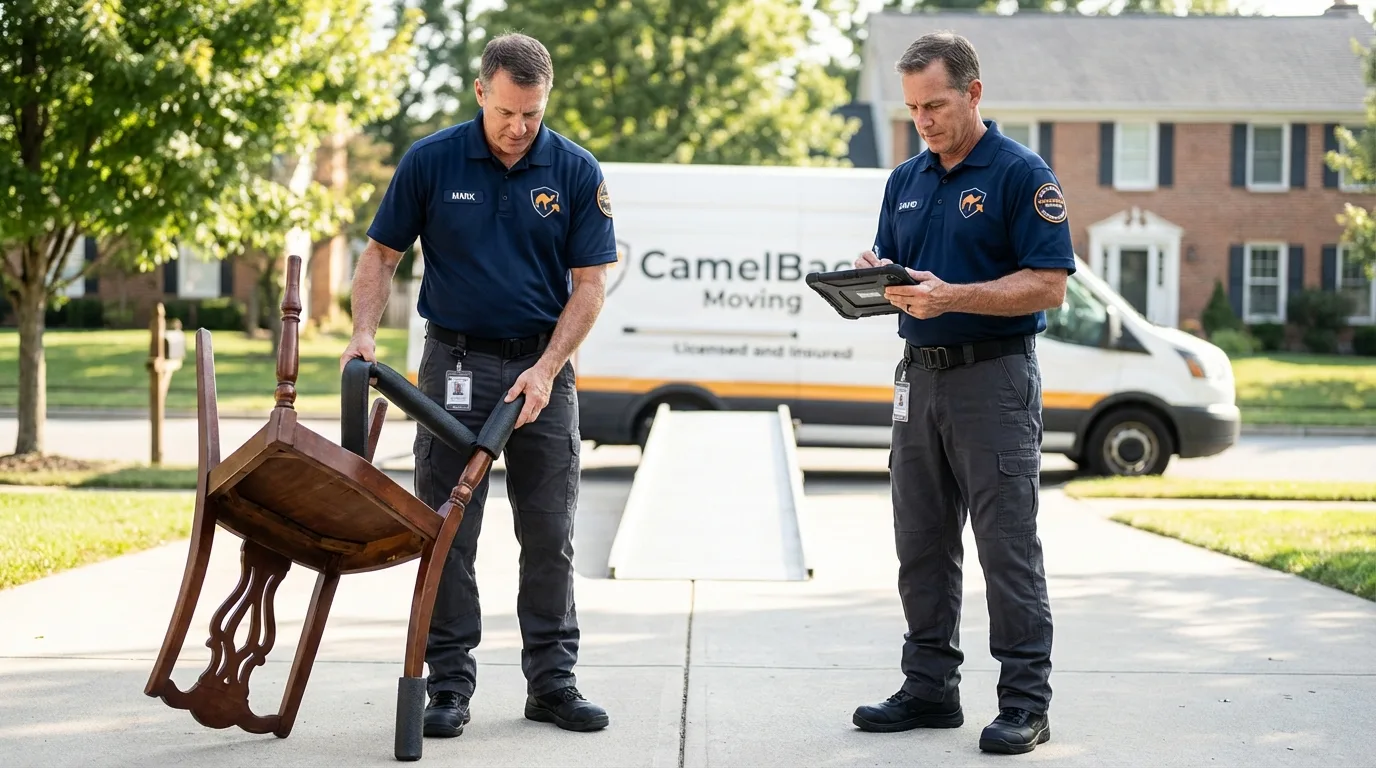 Movers inspecting furniture for damage prevention before loading in Mineola, TX