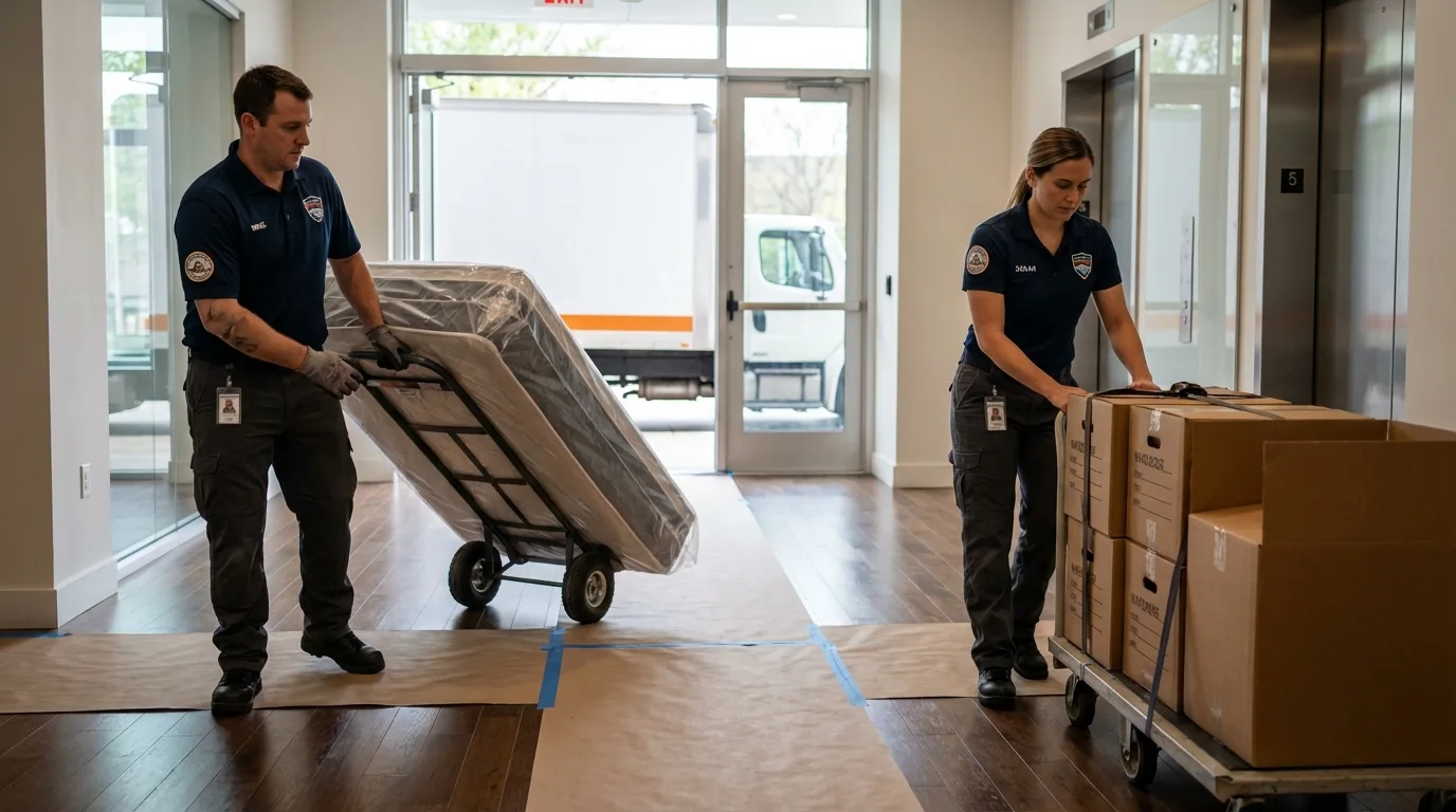 Professional apartment movers loading elevator in Mineola, TX